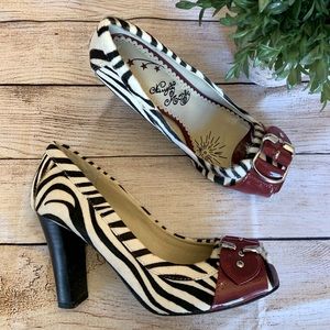 Naughty Monkey Zebra peep toe red leather heels